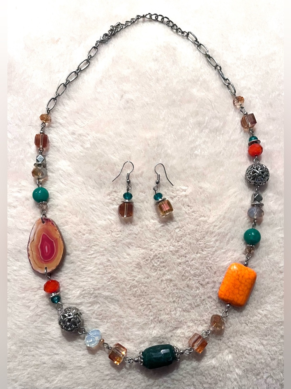 Eclectic Earth Tone Faux Agate Chunky Statement Necklace & Earring Set